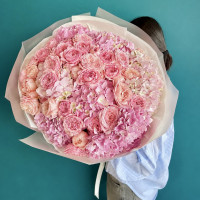 Tender Cloud Bouquet — Pink Hydrangeas and Spray Roses