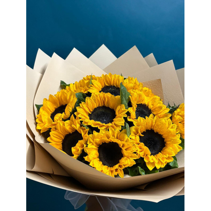 Bouquet Of 11 Golden Sunflowers Helios” in craft paper — elegant bouquets for any occasion