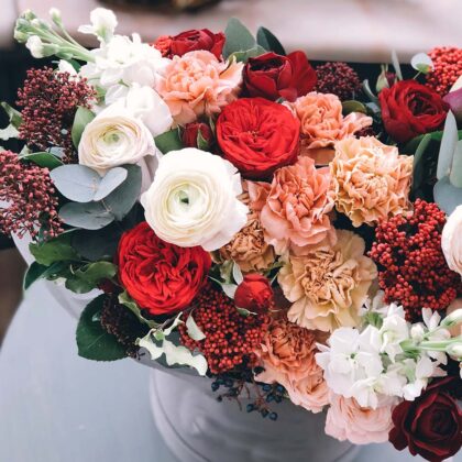 Order Large Bouquet Of Mixed Seasonal Flowers In A Hat Box